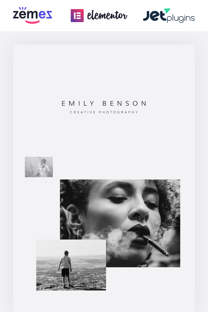 Emily Benson - Photography One page Black&White Elementor Tema WordPress №84654 - screenshot