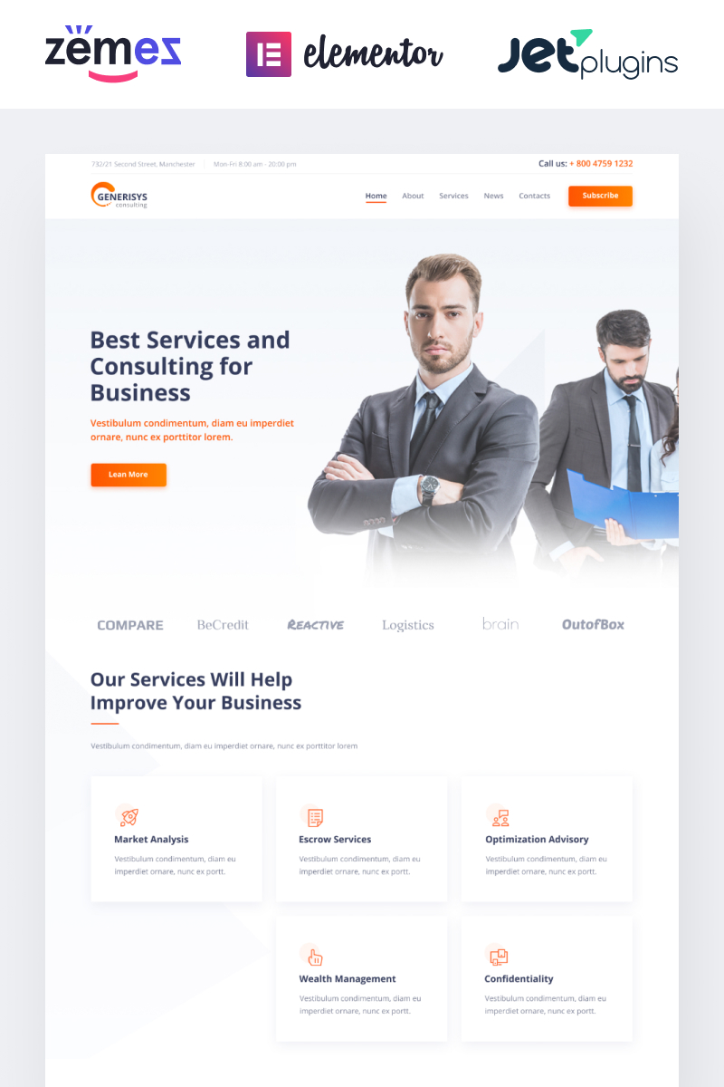 "Generisys - Business Consulting Multipurpose Classic Elementor" Responsive WordPress thema №84989 - screenshot