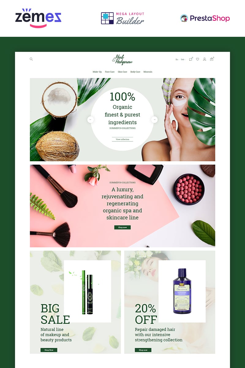 PrestaShop Theme namens "Herb and Hedgerow - Organic Cosmetics Store Bootstrap Clean Ecommerce" #84942