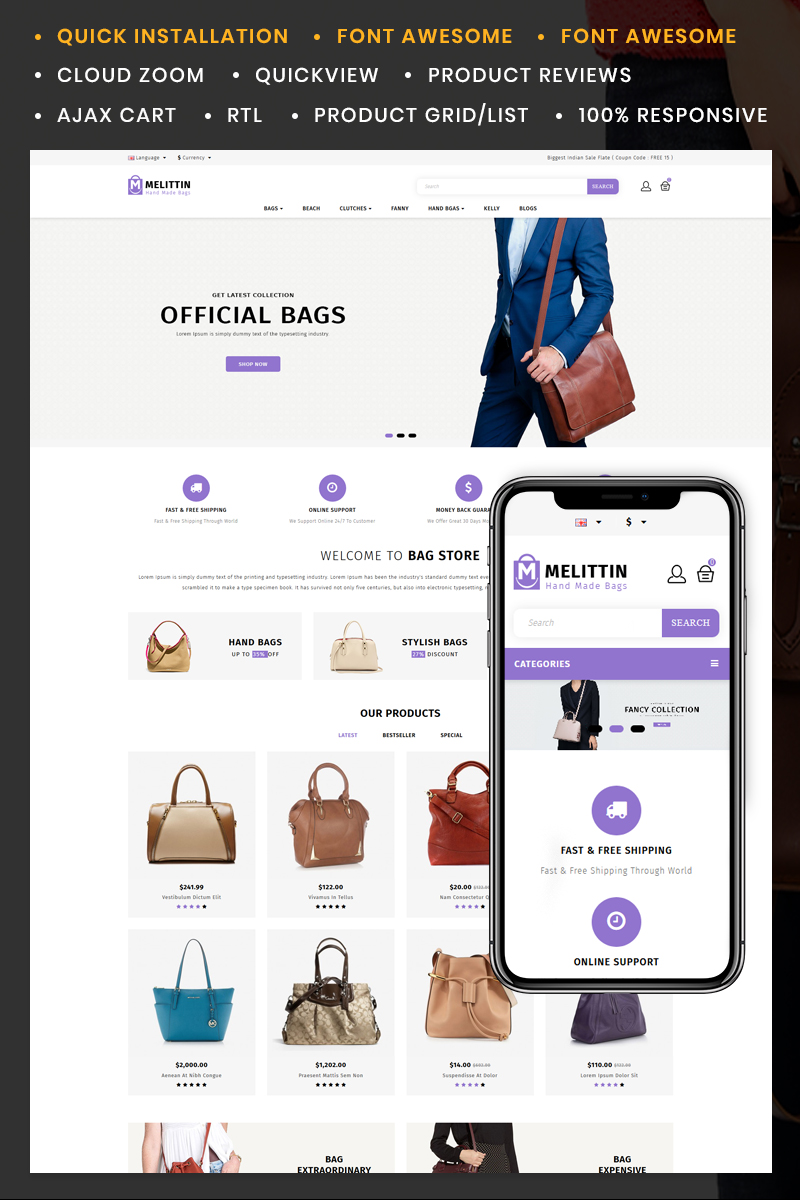 Reszponzív Melittin - Bag Store OpenCart sablon 85065