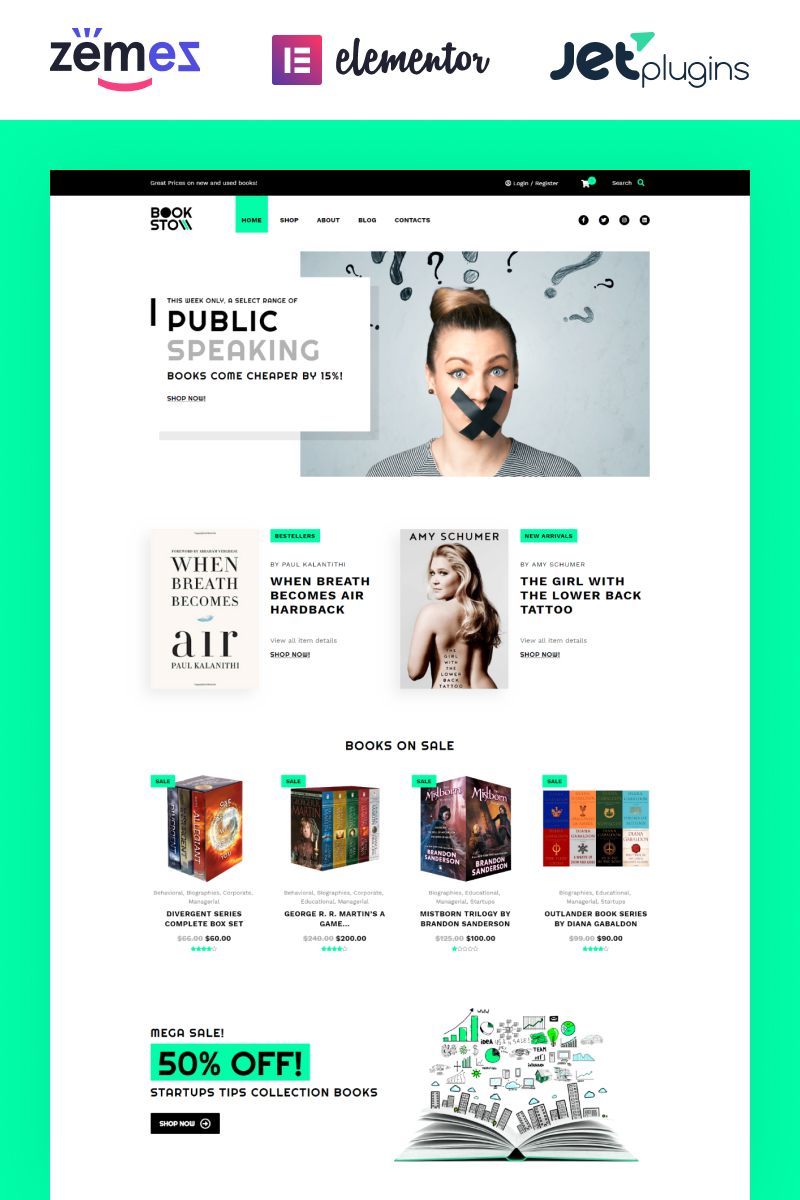 "BookSto - Bookstore ECommerce Modern Elementor" 响应式WooCommerce模板 #85139 - 截图