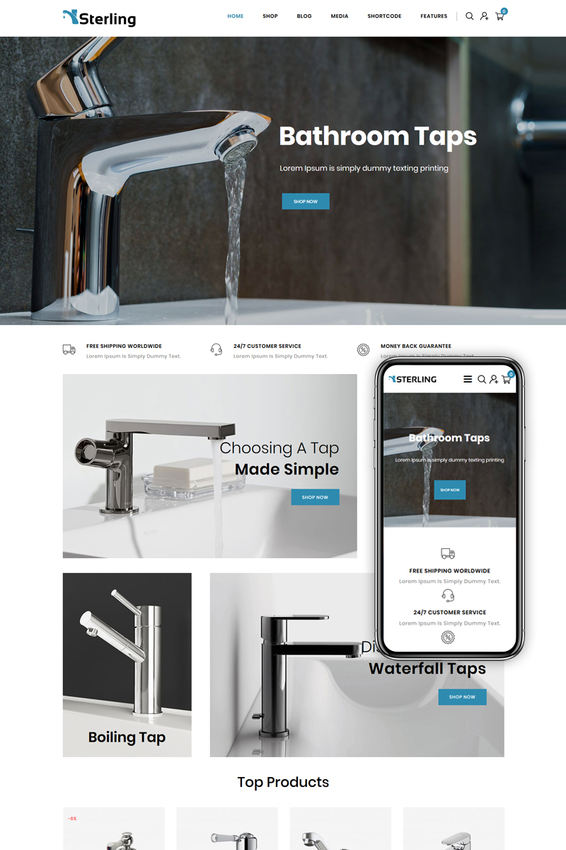 "Sterling - Bathroom Accessories Store" - адаптивний WooCommerce шаблон №85157