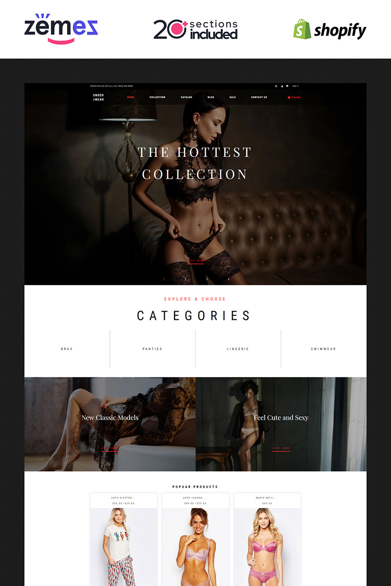 Responsivt Under+Wear - Lingerie Store Shopify-tema #85219 - skärmbild