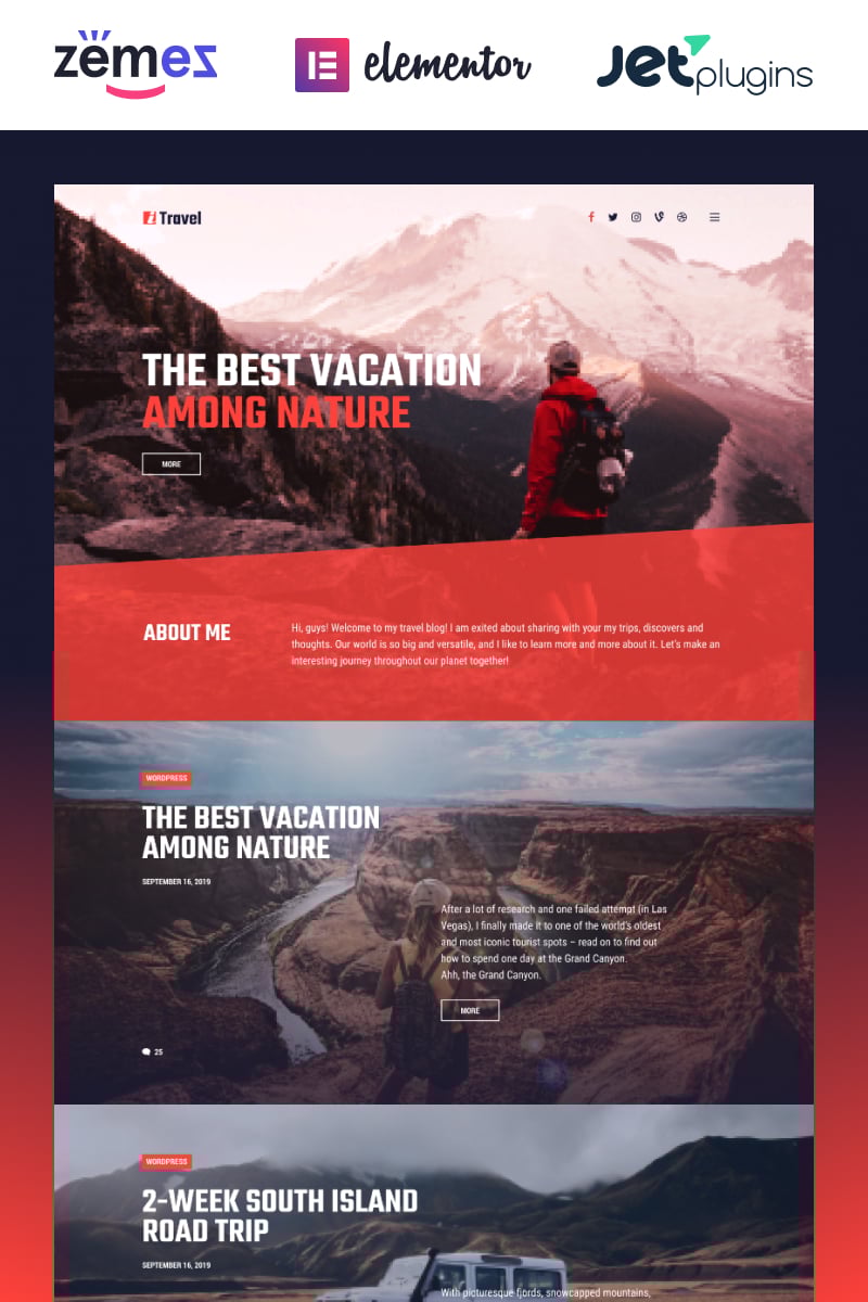 Tema De WordPress "ITravel - Trendy Travel Blog Website Template for Elementor builder" #85752 - captura de pantalla