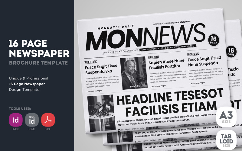 MonNews - 16 Page Newspaper Design Template Corporate Identity