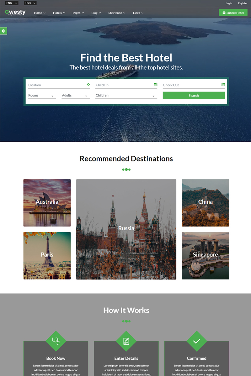 "Gwesty - Hotel Booking" - bootstrap Шаблон сайту №86617