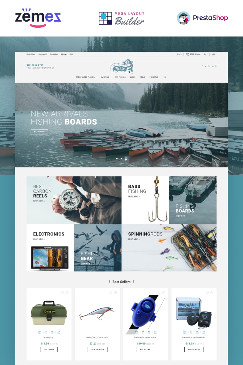 "Fiship - Fishing Store Template" thème PrestaShop adaptatif #86744