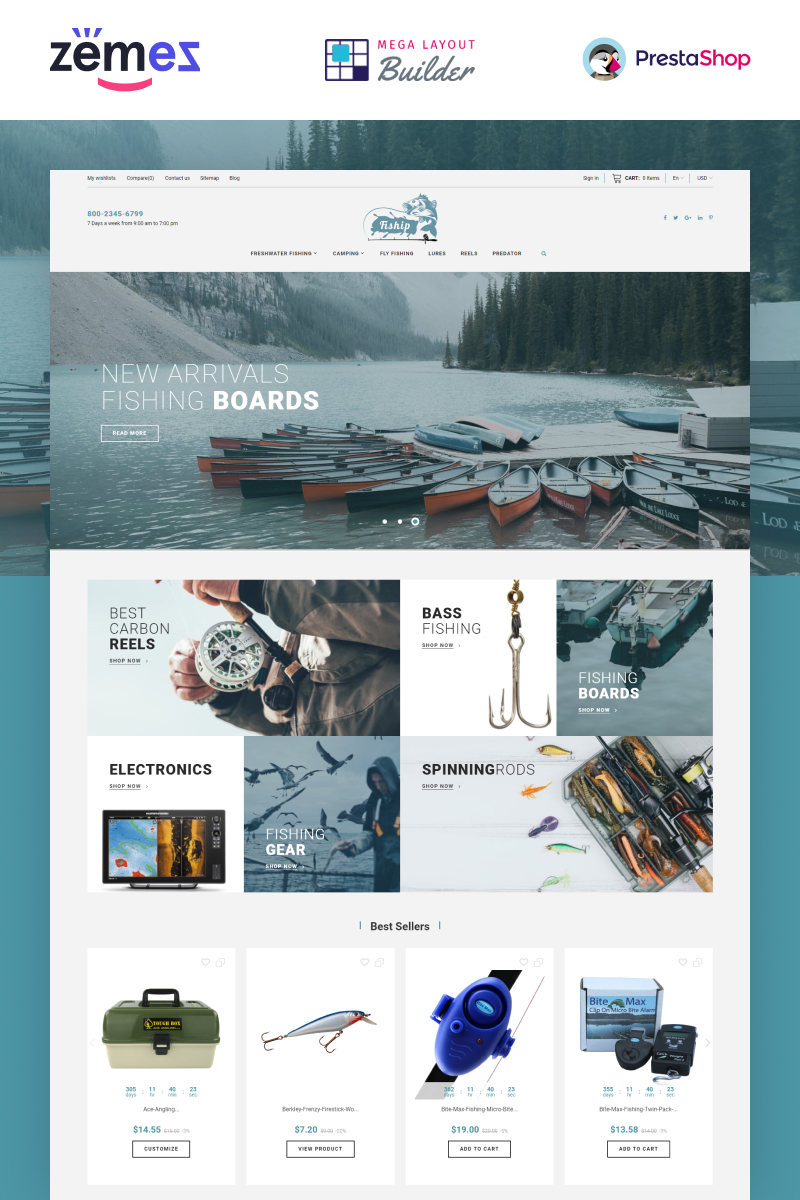 Modello PrestaShop Responsive #86744 "Fiship - Fishing Store Template"