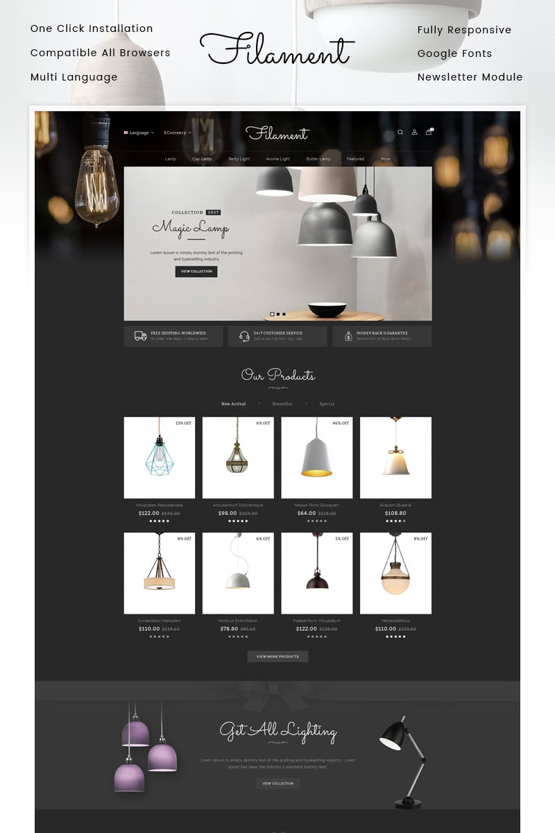 OpenCart Vorlage namens "Filament Lighting Store" #86808
