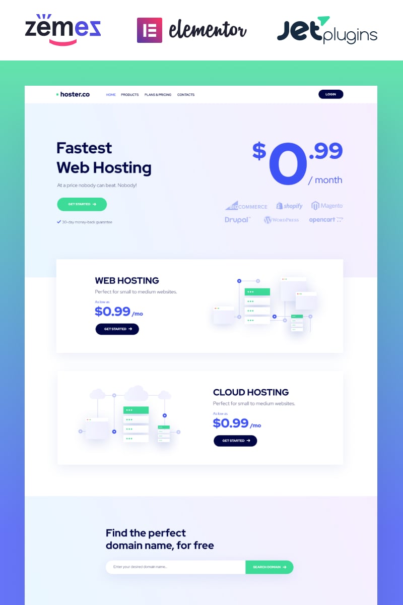 WordPress Theme namens "Hoster.co - Web Hosting Template for Providers Company with Elementor" #86942 - Screenshot