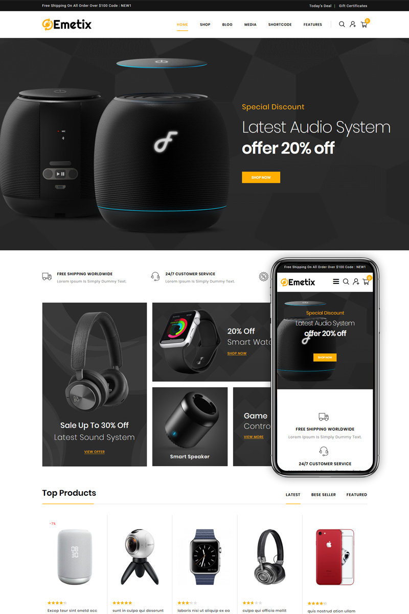 Responsivt Emetix - Digital Shop WooCommerce-tema #87221