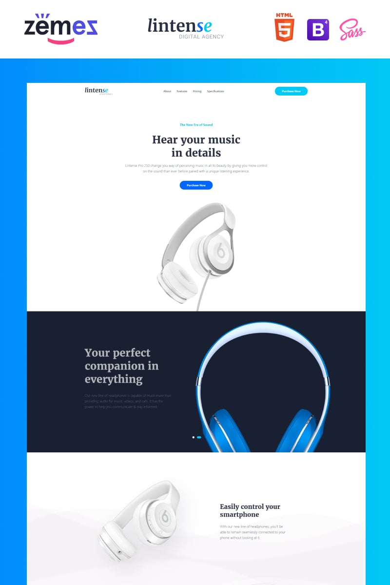 Landing Page Template namens "Lintense Headphones - Electronics Store Clean HTML" #87322 - Screenshot