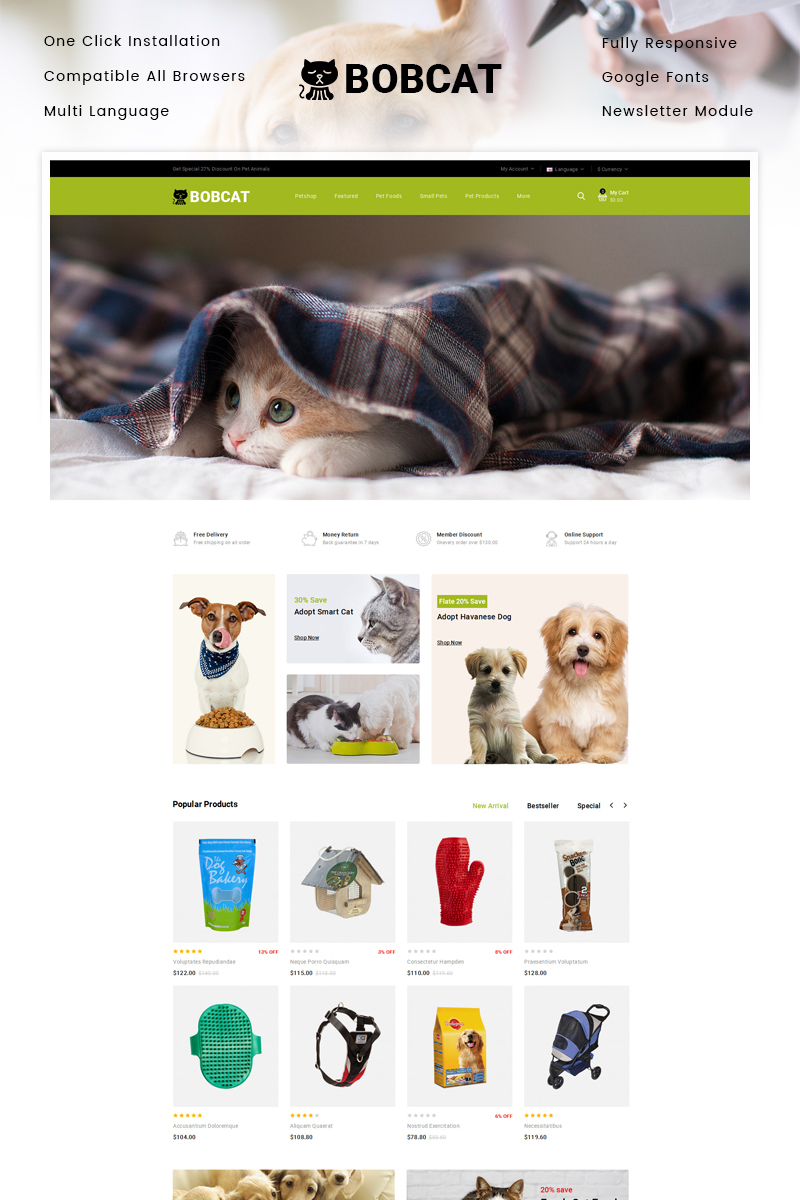 Reszponzív Bobcat - Pets & Animals Store OpenCart sablon 87339
