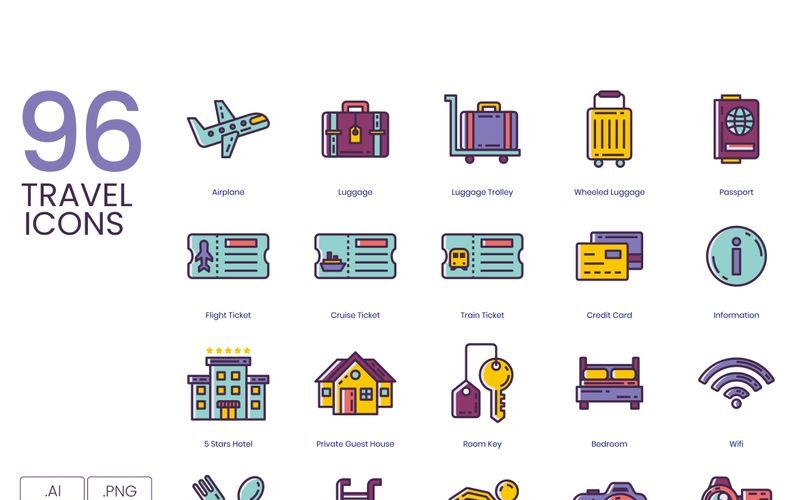 96 Travel Icons - Lilac Series Set Icon Set