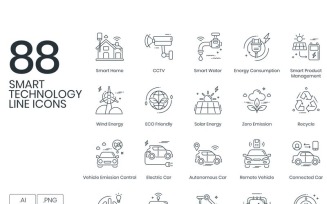 88 Smart Technology Line Icons Set