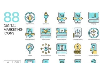 88 Digital Marketing Icons - Aqua Series Set