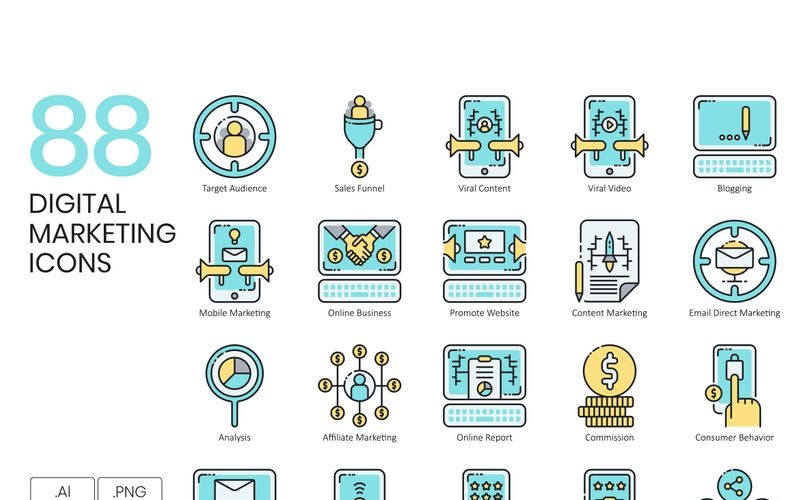 88 Digital Marketing Icons - Aqua Series Set Icon Set