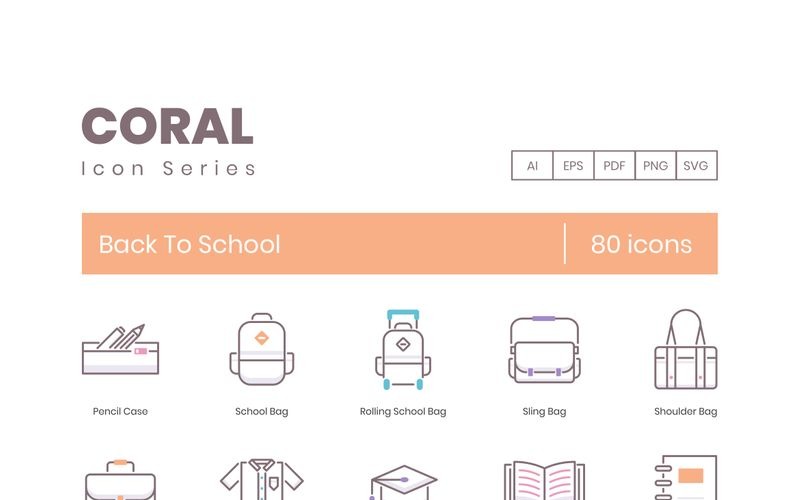 80 Back to School Icons - Coral Series Set Icon Set