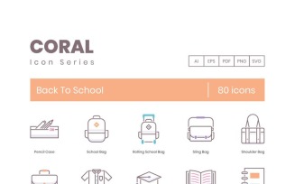 80 Back to School Icons - Coral Series Set