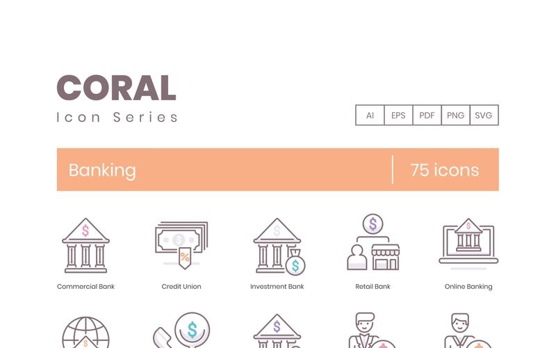 75 Banking Icons - Coral Series Set Icon Set