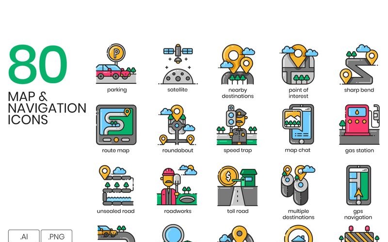 80 Map Navigation Icons - Aesthetic Series Set Icon Set