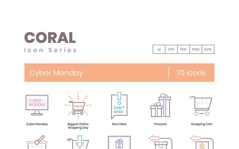 70 Cyber Monday Icons - Coral Series Set Icon Set