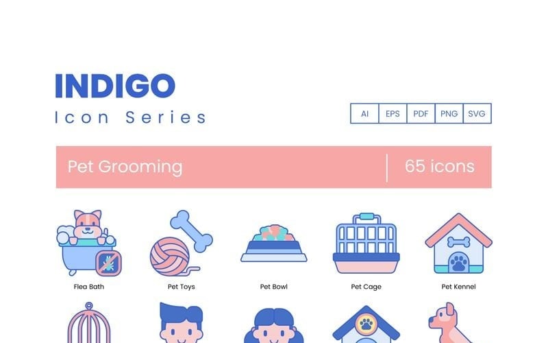 65 Pet Grooming Icons - Indigo Series Set Icon Set