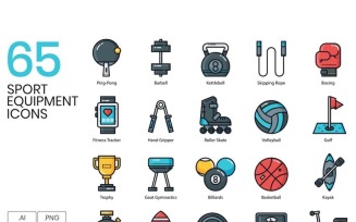 65 Sports Equipment Icons - Groovy Series Set