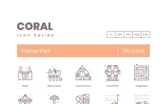65 Theme Park Icons - Coral Series Set