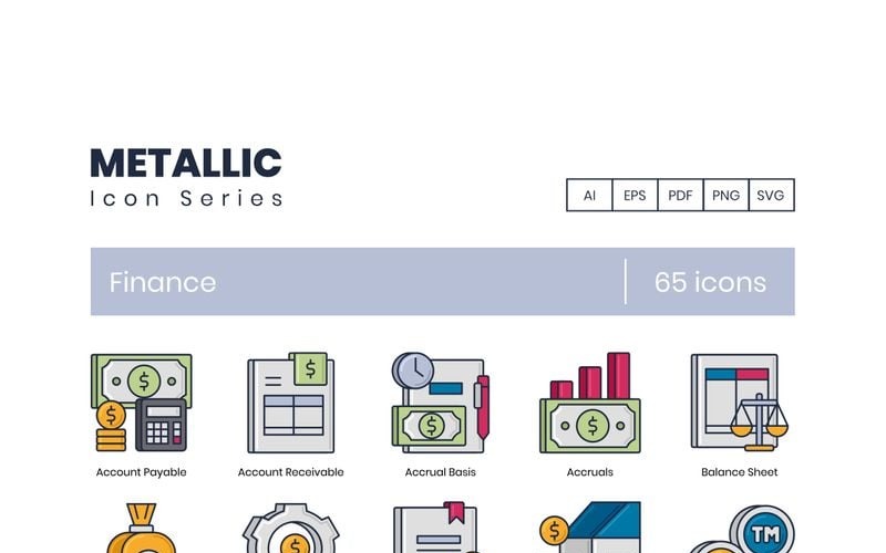 65 Finance Icons - Metallic Series Set Icon Set