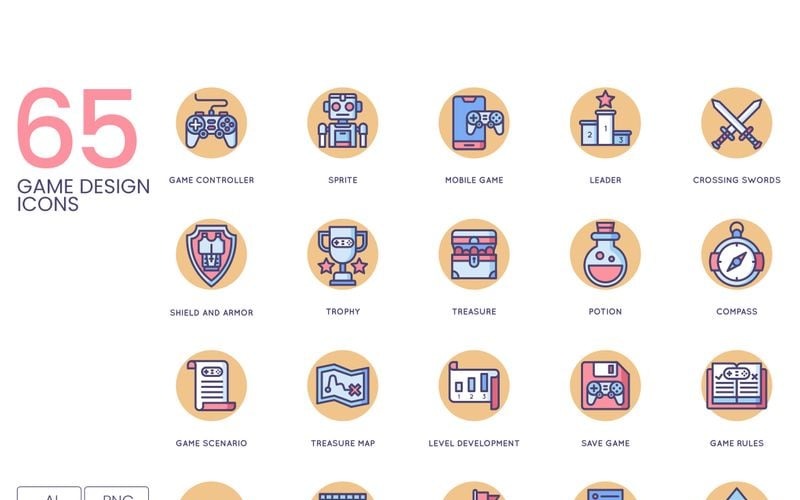 65 Game Design Icons - Butterscotch Series Set Icon Set