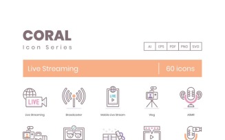 60 Live Streaming Icons - Coral Series Set