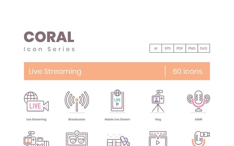 60 Live Streaming Icons - Coral Series Set Icon Set