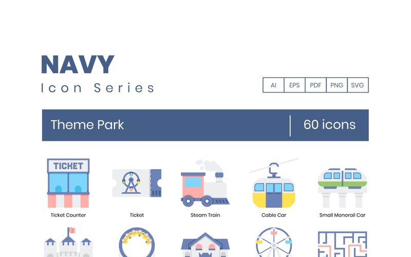 60 Theme Park Icons - Navy Series Set Icon Set