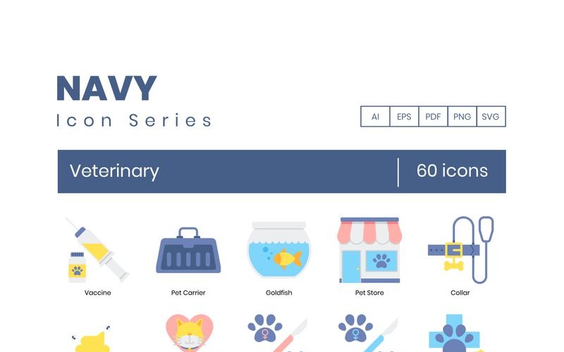 60 Veterinary Icons - Navy Series Set Icon Set