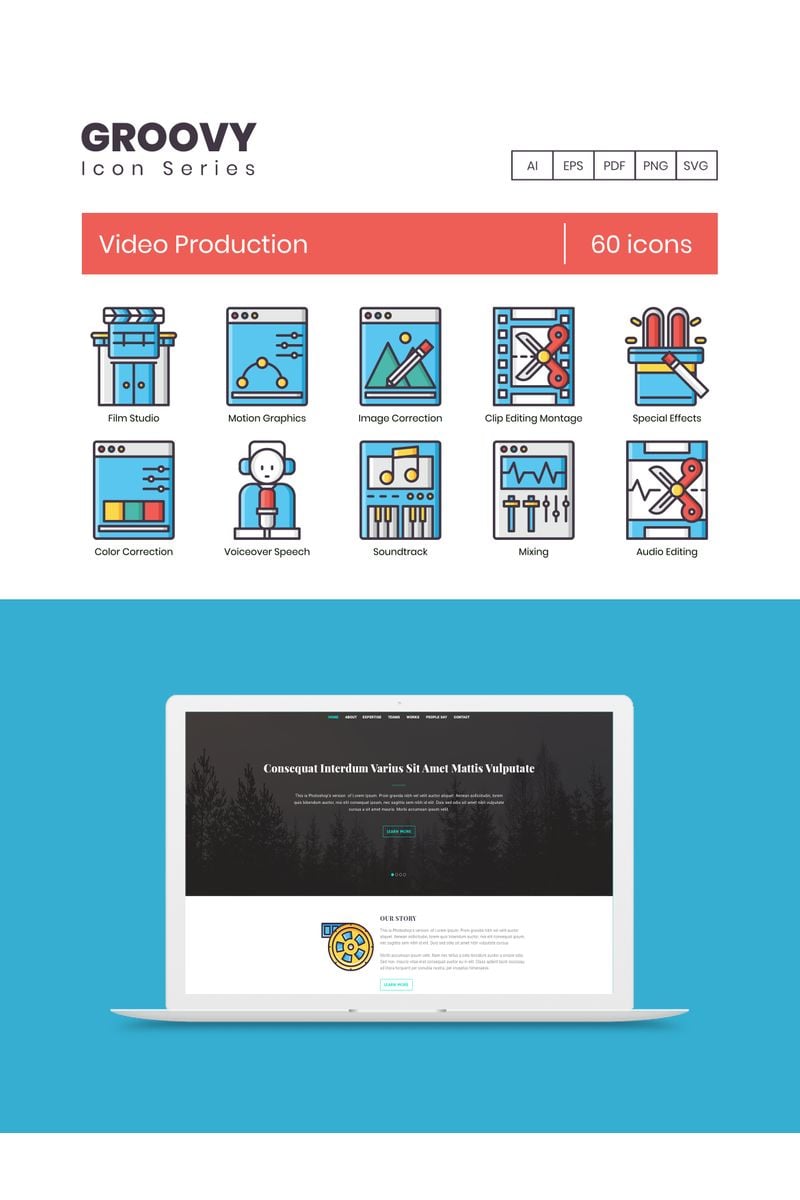 60 Video Production Icons Groovy Series Iconset Template 90362