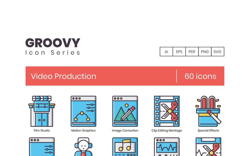 60 Video Production Icons - Groovy Series Set Icon Set