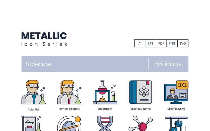 55 Science Icons - Metallic Series Set Icon Set