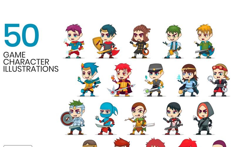 50 Game Character Illustrations Icon Set