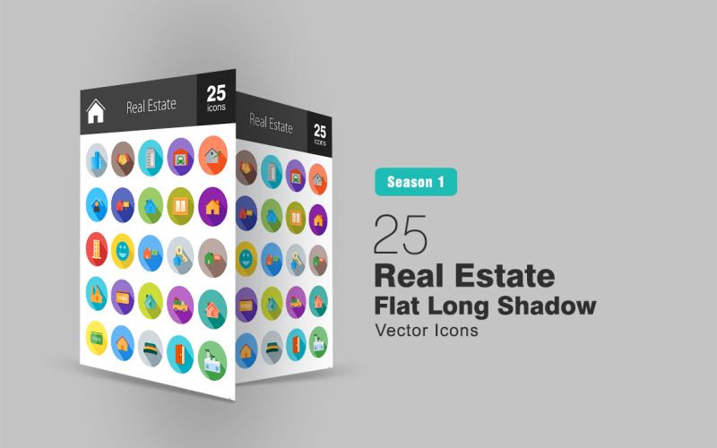 25 Real Estate Flat Long Shadow Icon Set