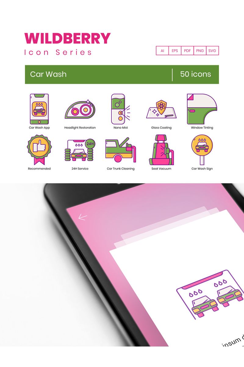 Icon-Sammlungen Vorlage namens "50 Car Wash Icons - Wildberry Series" #90600 - Screenshot