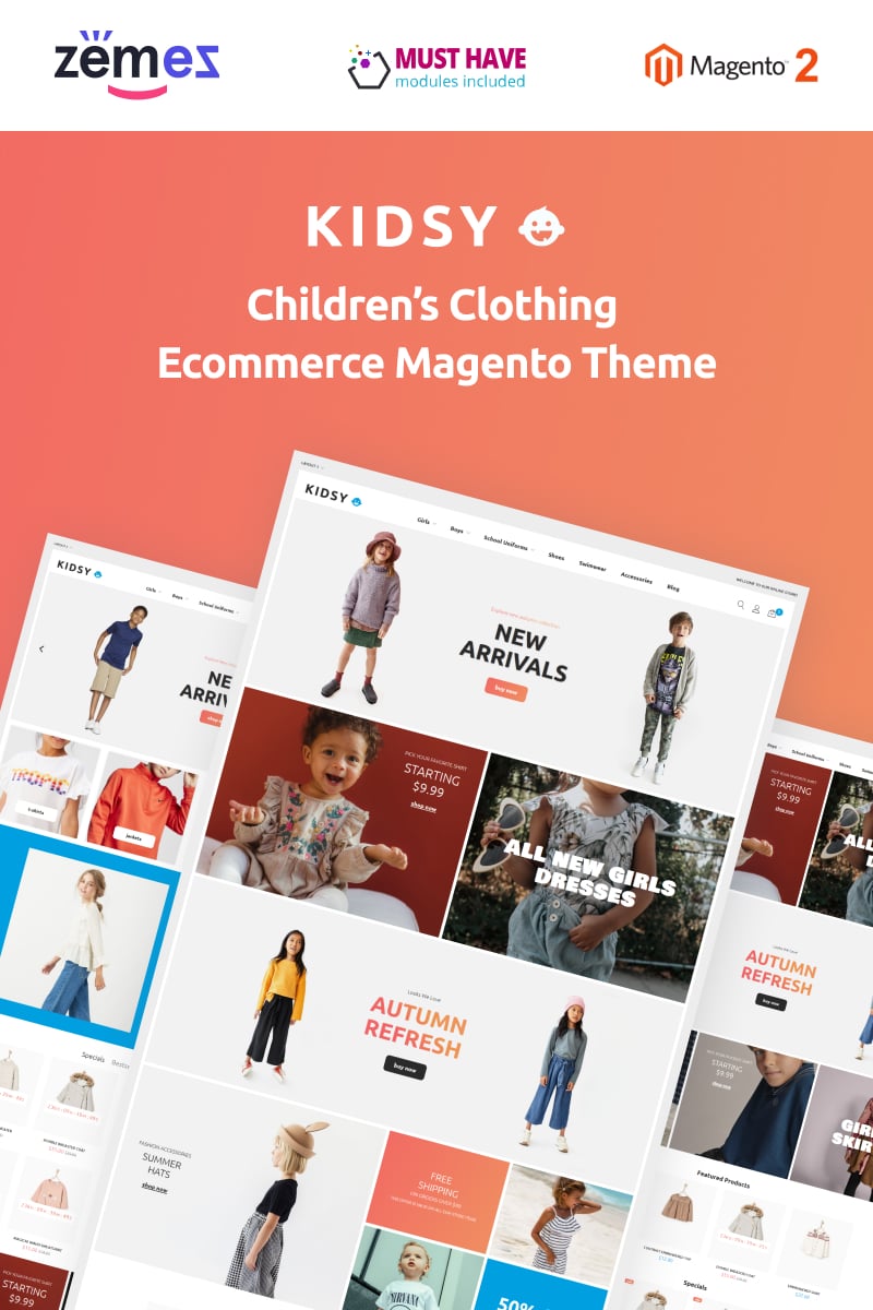 "Kidsy - Children`s Clothing Ecommerce" thème Magento adaptatif #90677