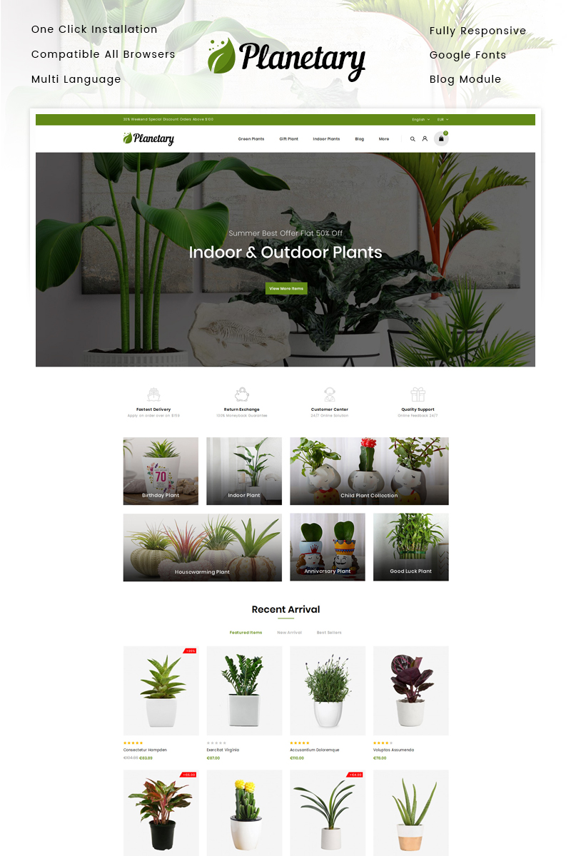 "Planetary - Plants Store" - адаптивний PrestaShop шаблон №90652