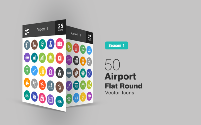 50 Airport Flat Round Icon Set