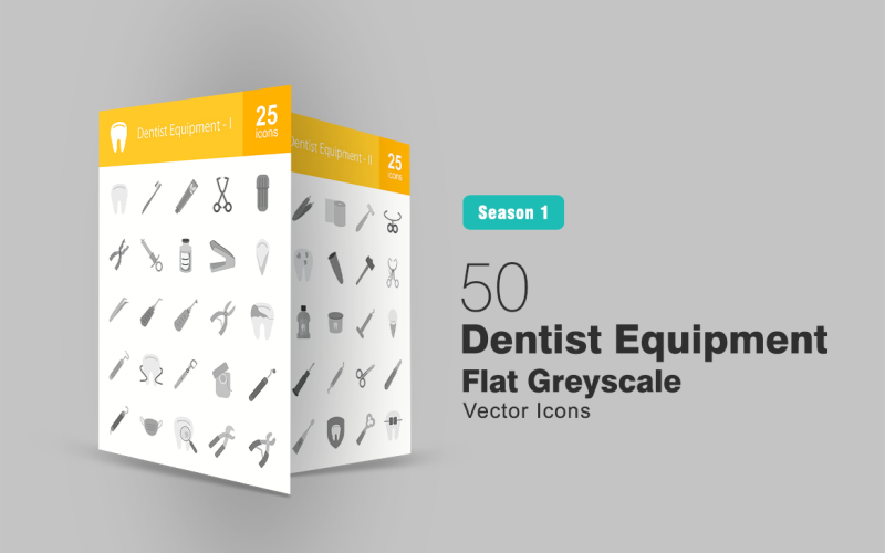 50 Dentist Equipment Flat Greyscale Icon Set