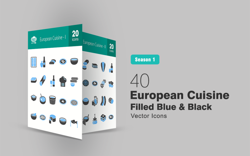 40 European Cuisine Filled Blue & Black Icon Set