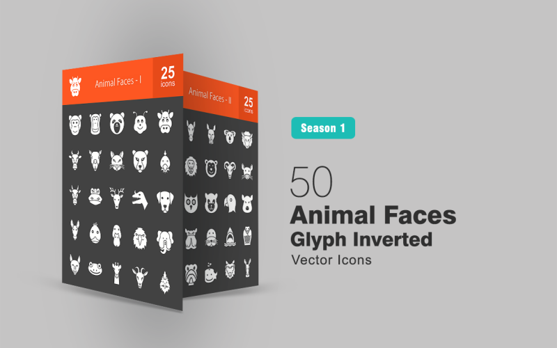 50 Animal Faces Glyph Inverted Icon Set