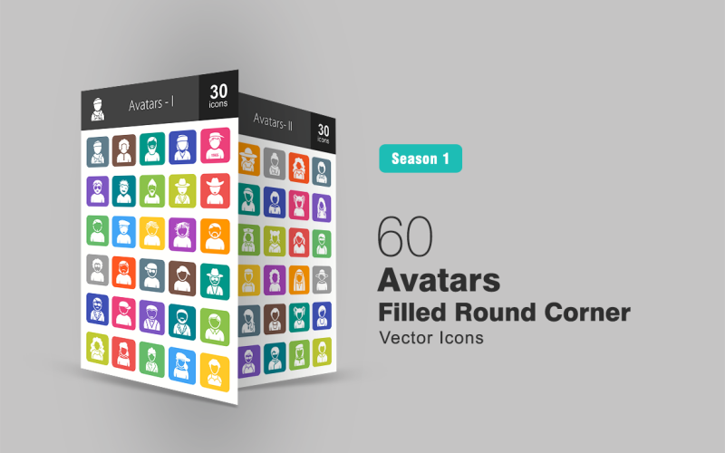 60 Avatars Filled Round Corner Icon Set
