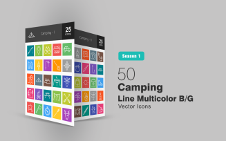 50 Camping Line Multicolor B/G Icon Set