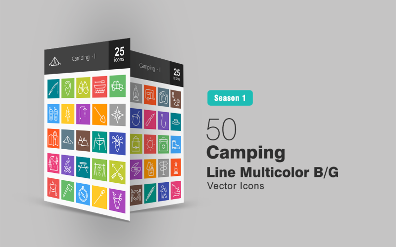 50 Camping Line Multicolor B/G Icon Set